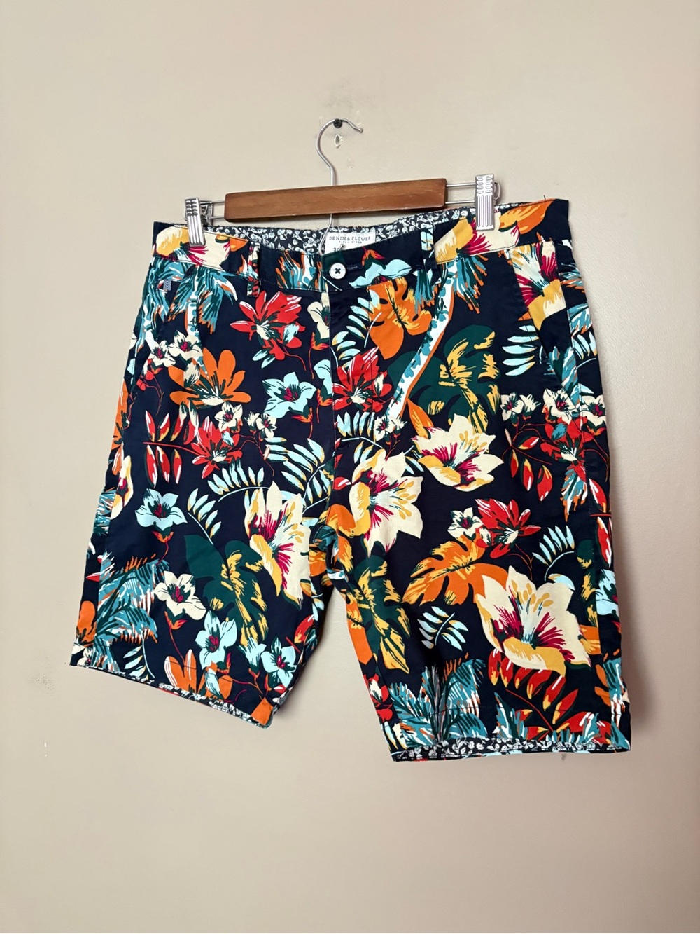 Denim & Flower Ricky Singh Tropical Floral Shorts flat front chono stretch sz 34